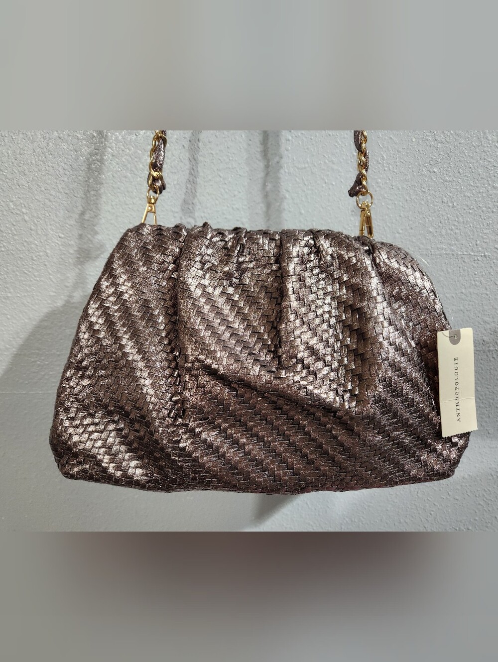 Anthropologie Frankie Gathered shimmering metallic woven Crossbody Clutch Bag